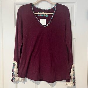 NWT Anthropologie Burgundy Blouse with Floral Trim